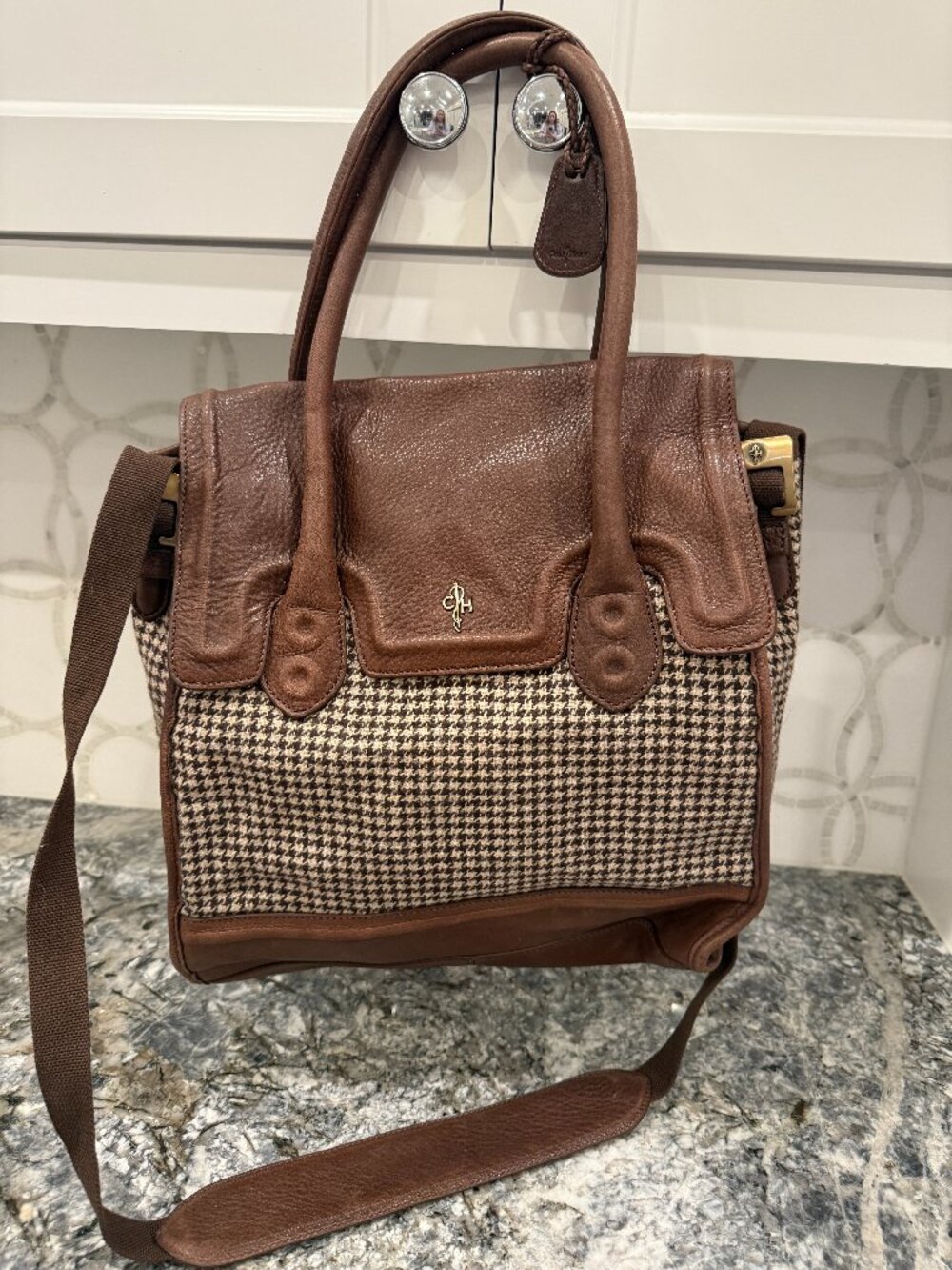 Vintage Cole Haan Brown Leather and Houndstooth Satchel